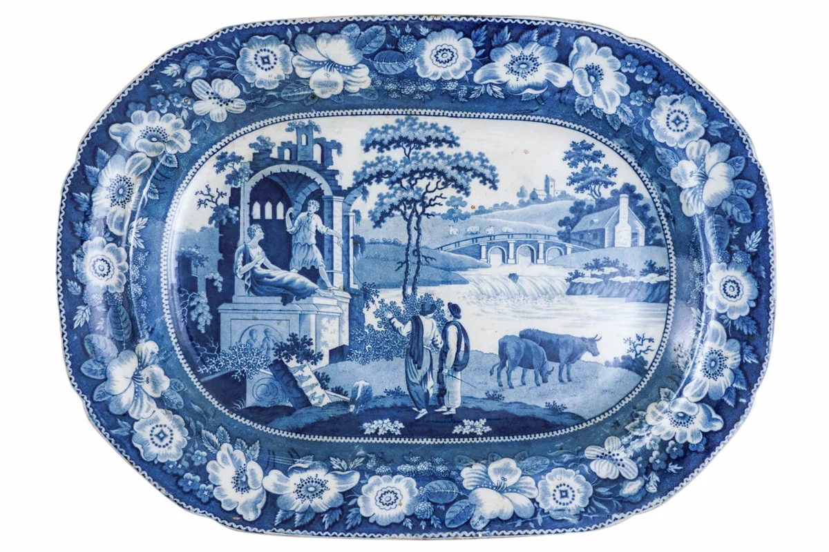 Antique Minton Italian Ruins Transferware Serving Platter Blue White English - 1842, Stoke-on-Trent, England