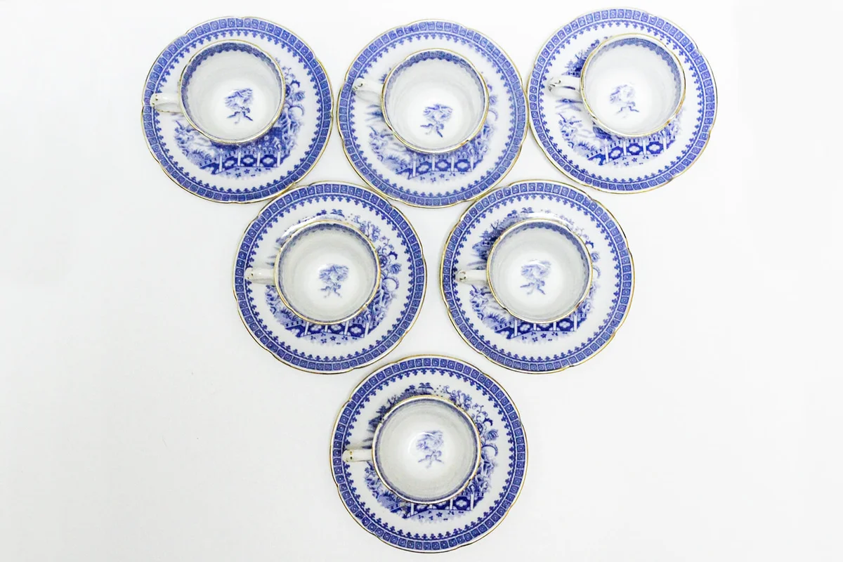 6 Antique Coalport Cups and Saucers Fisherman pattern Blue Transfareware Gilt Trim Ca 1891