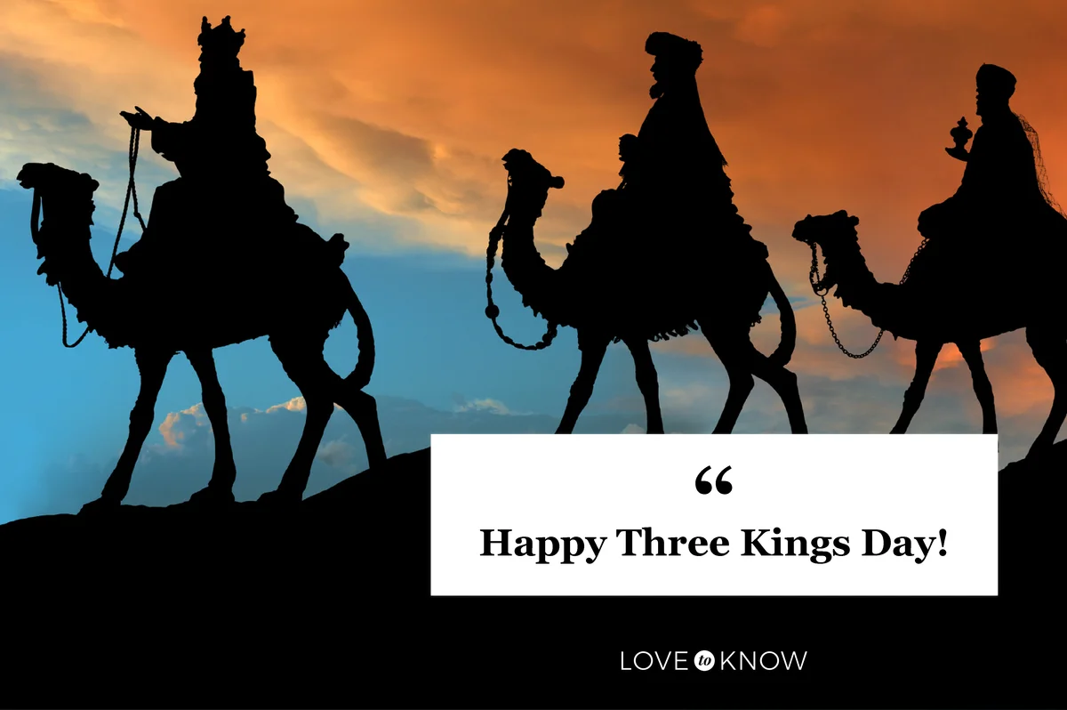 The three wise men on their camels with a dramatic sky