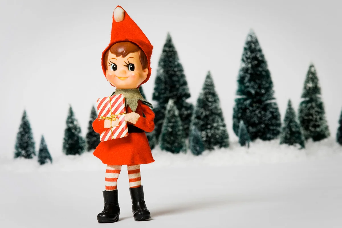 elf in red suit in snow scene