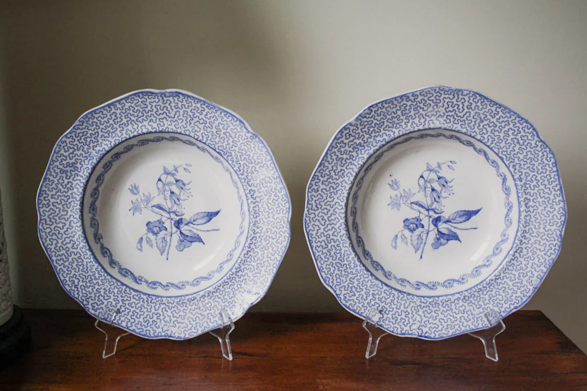 Pair of antique Cork and Edge English Stone Works "Vermicelli" porcelain pottery blue and white bowls transferware