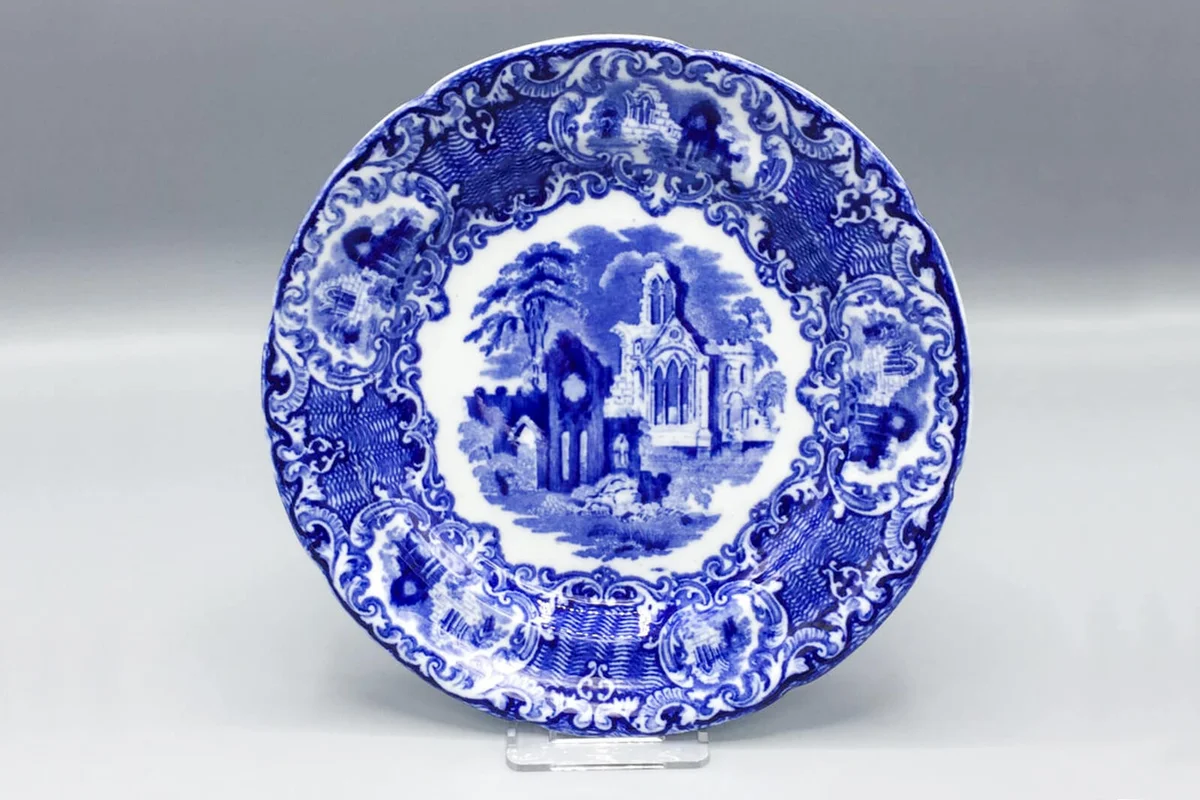 Antique Flow blue plate by GEORGE JONES & SONS, Abbey 1790 England, 1901-1921, blue transferware