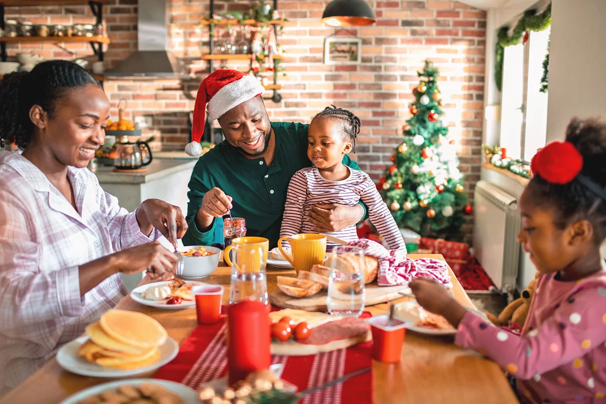 family eating breakfast on Christmas morning