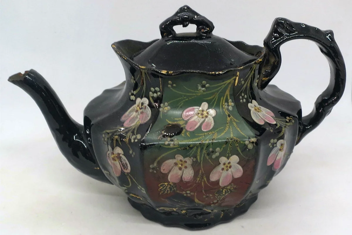 Antique Victorian Black Jackfield Type Hand Painted Teapot