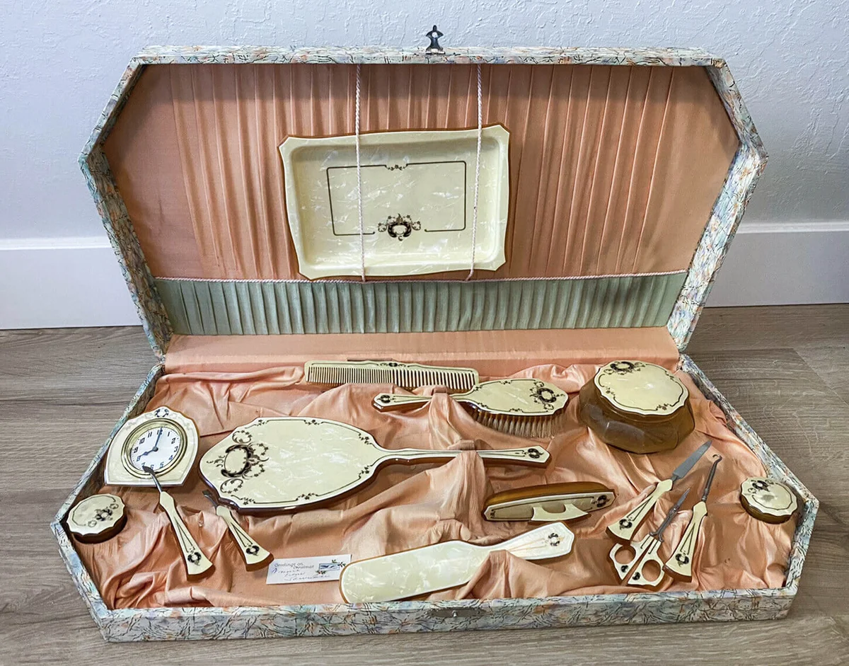 Vintage Large Celluloid Vanity Dresser Set W/ Original Box Clock Mirror Jars
