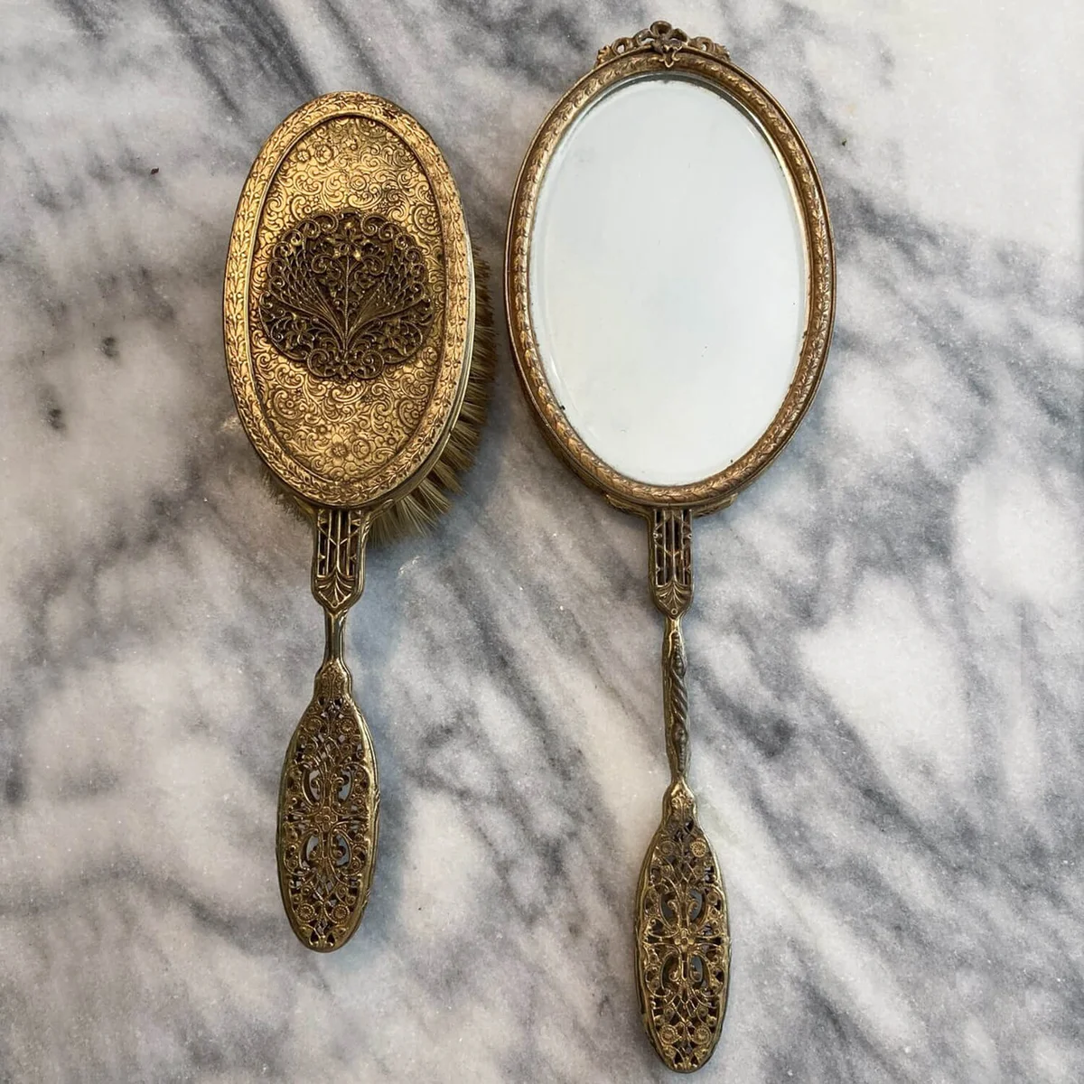 Antique 1920's Vanity Dresser Set, Hand Mirror and Brush, Ormolu Filigree