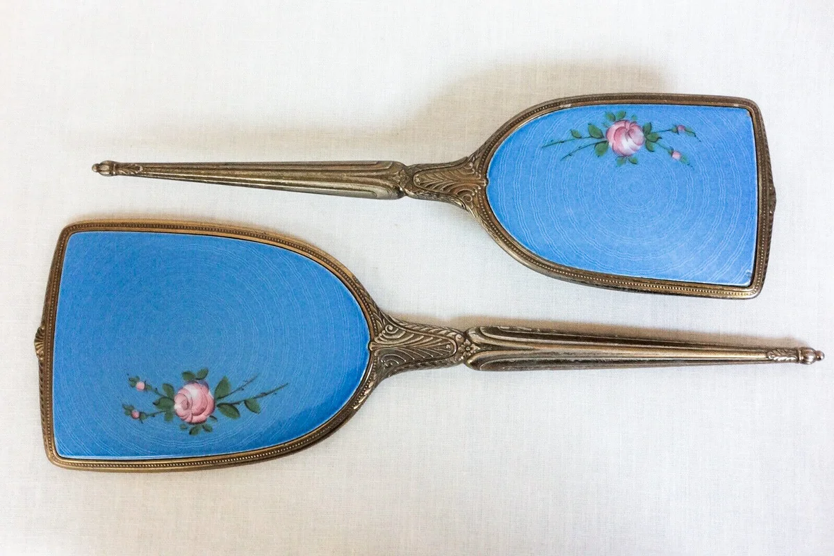 Hand Mirror Brush Guilloche Vanity Blue Enamel Vintage Rose Flower Evans Dresser