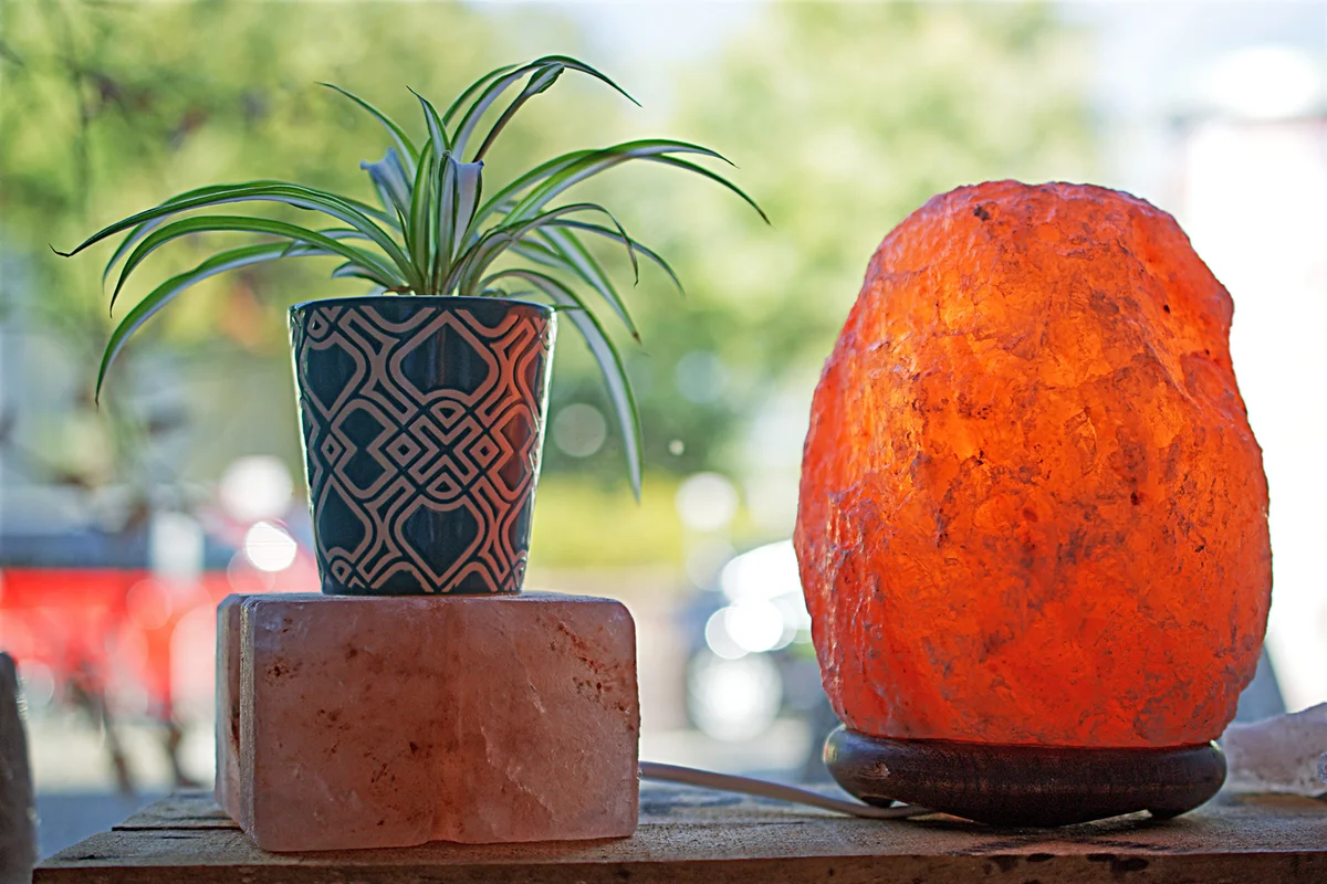 Plant and a saltlamp on a wooden box infront of a window closeup macro