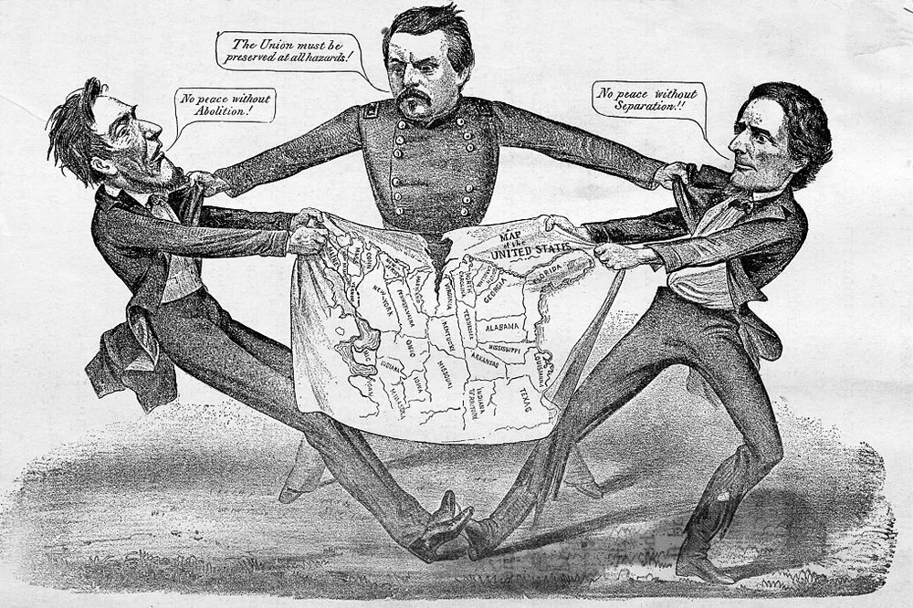 Cartoon showing General George McClellan attempting to mediate between President Abraham Lincoln and Jefferson Davis