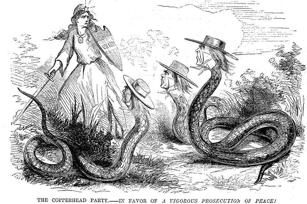 Political cartoon depicting allegorical figures of the Union and the Copperheads