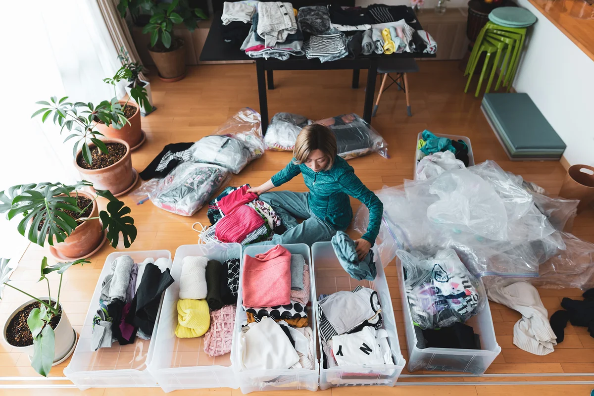 Woman organizes clothes