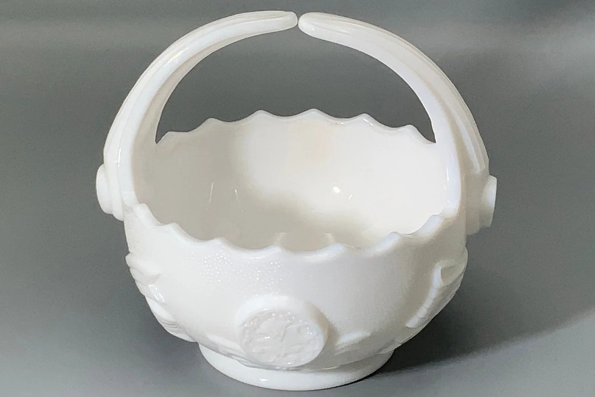 Imperial Glass Medallions and Bows Split Handle Milk Glass Basket from ATouchOfGlassFinds Etsy shop