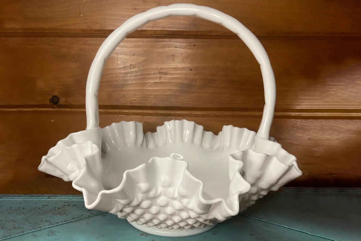 Vintage Fenton milk glass hobnail basket from HobnailandCocktails Etsy Shop