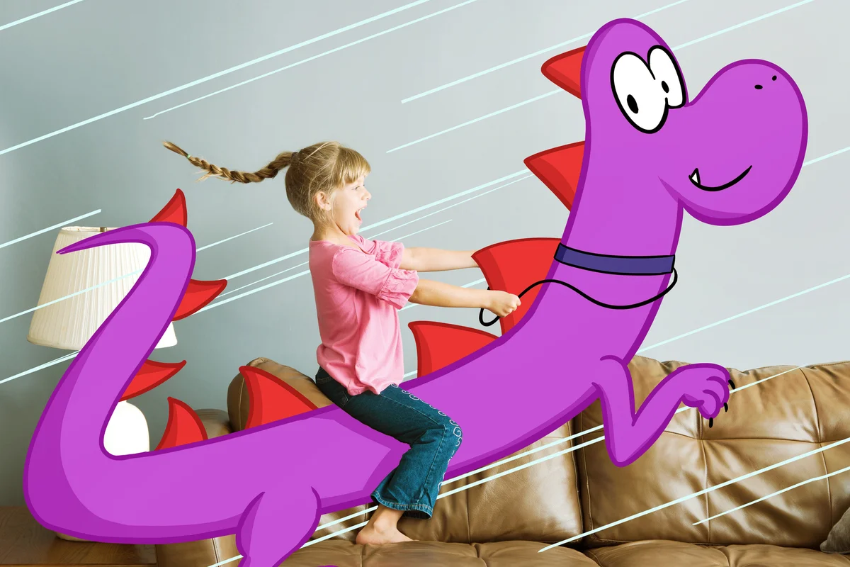 Little girl riding imaginary dragon