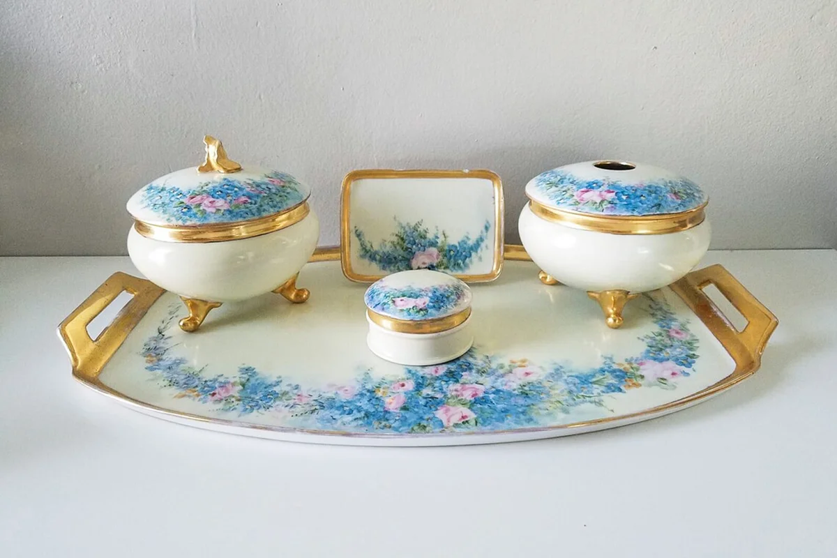 Antique Five-piece Porcelain Vanity Set by Limoges/Thomas Bavaria/Thun, Antique Hand-painted Porcelain, Vintage Vanity Set, Guérin Limoges