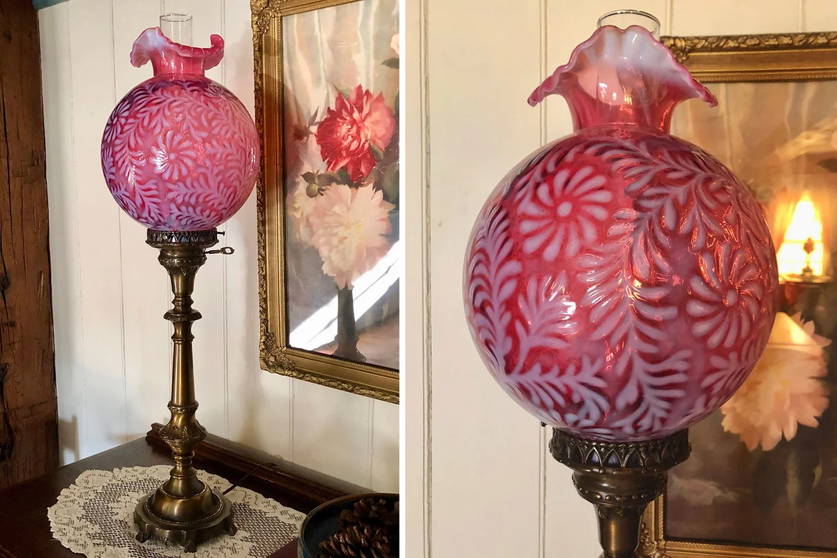 Fenton Daisy & Fern Cranberry Opalescent Pillar Banquet Lamp from BallAntiques Etsy Shop