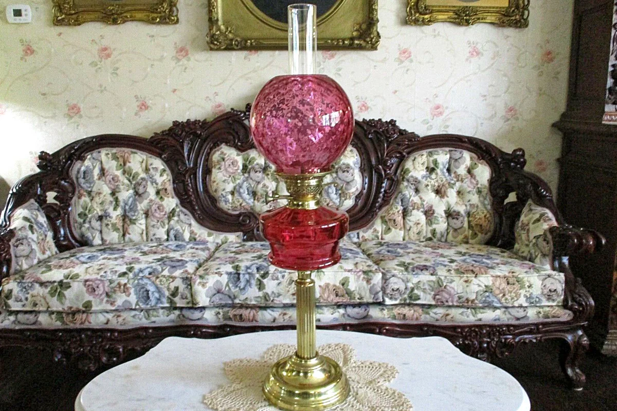 British Double Burner Cranberry Banquet Oil Lamp Ball Shade Art Nouveau from your-heart-desires Ebay seller