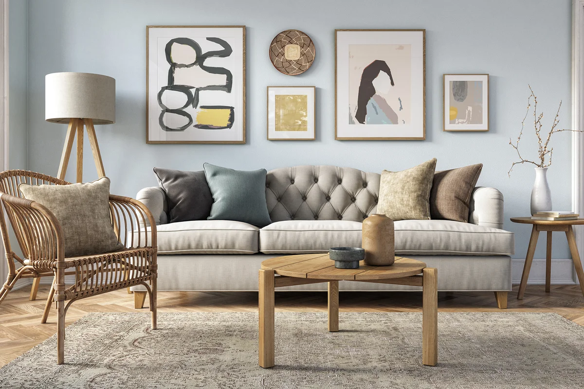 Coffee table in front of sofa, loveseat and end table