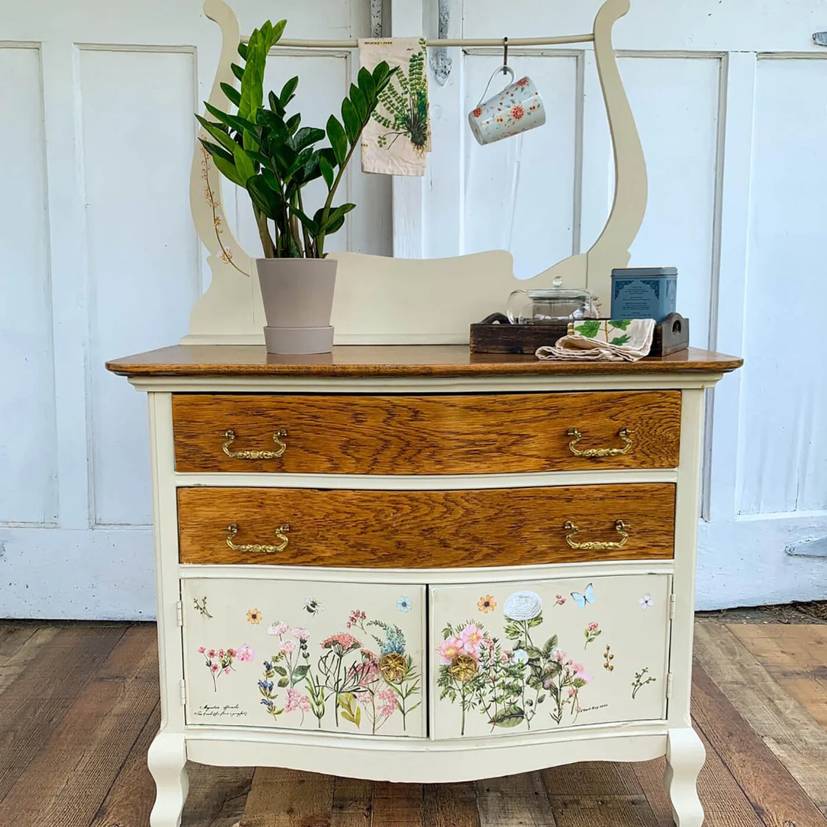 Vintage wash stand dry sink restored floral cottage garden coffee bar buffet