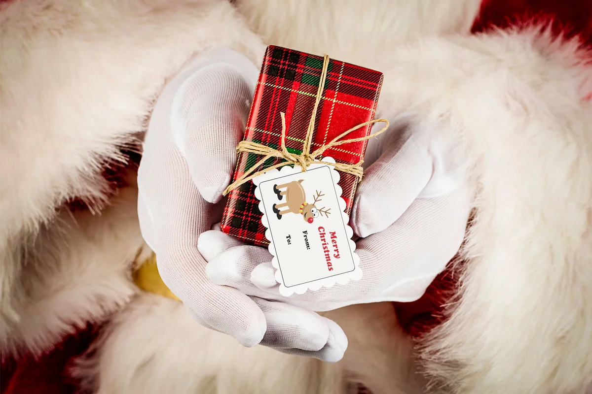 santa holding gift with free printable gift tag