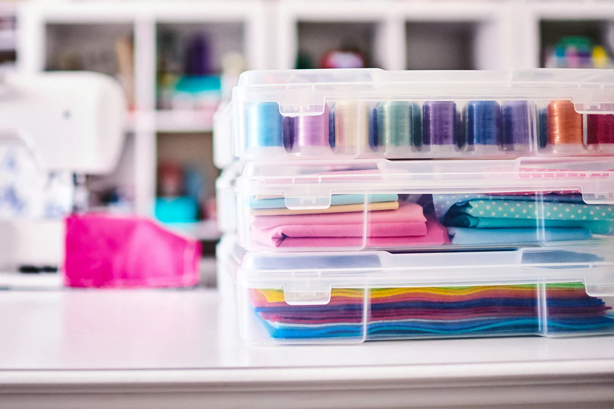 sewing fabric organization in plastic tote bins