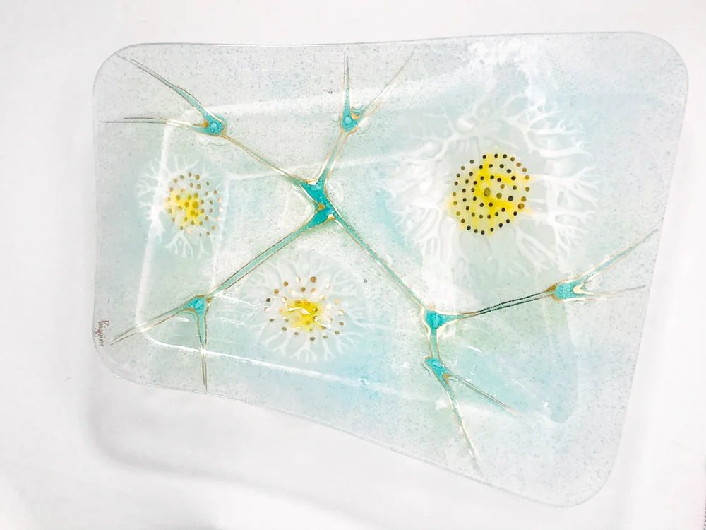 Mid Century fused art glass platter / bowl by Higgins in the Thistledown pattern
