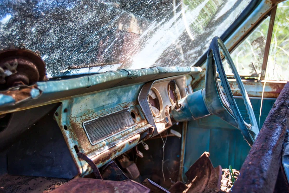 Front interior of an old abandoned car