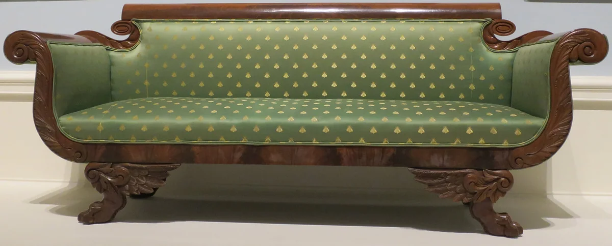 American empire style sofa, c. 1820-30, wood, mahogany veneer and brocade upholstery, Dayton Art Institute