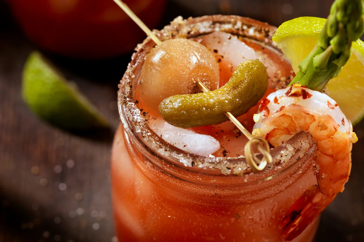Gourmet Bloody Mary With Asparagus, Pickled Onion, Grilled Shrimp and a Gherkin
