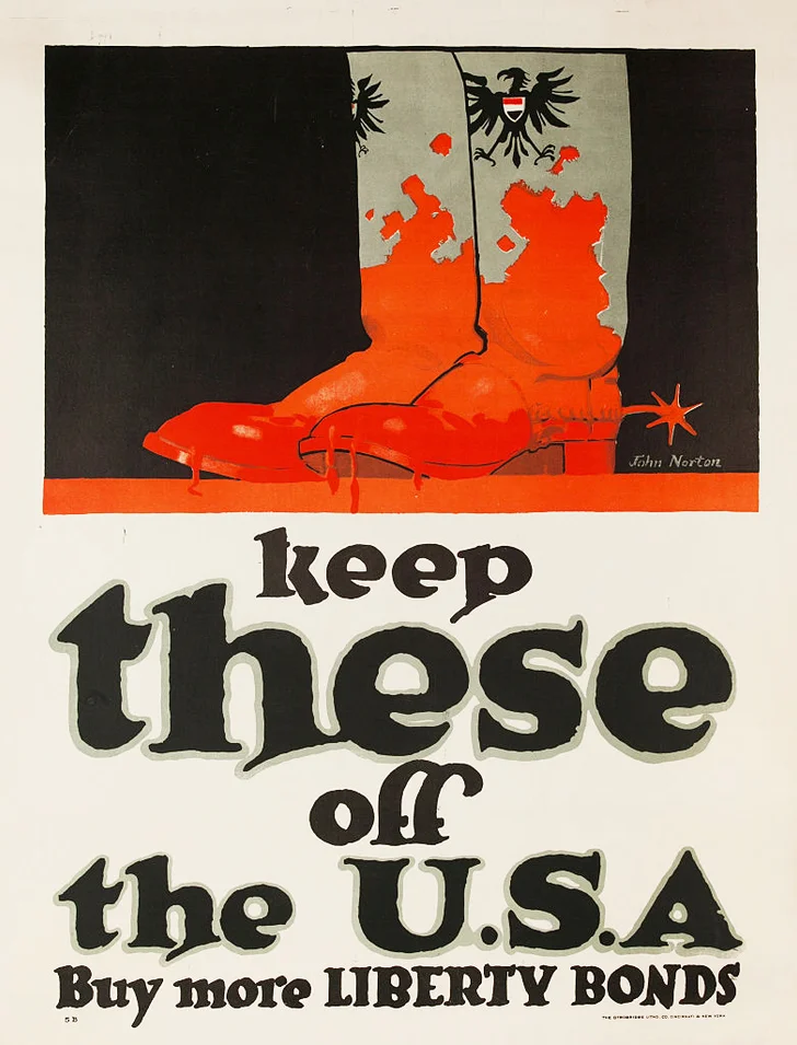 Pair of blood stained boots with German Imperial eagle poster