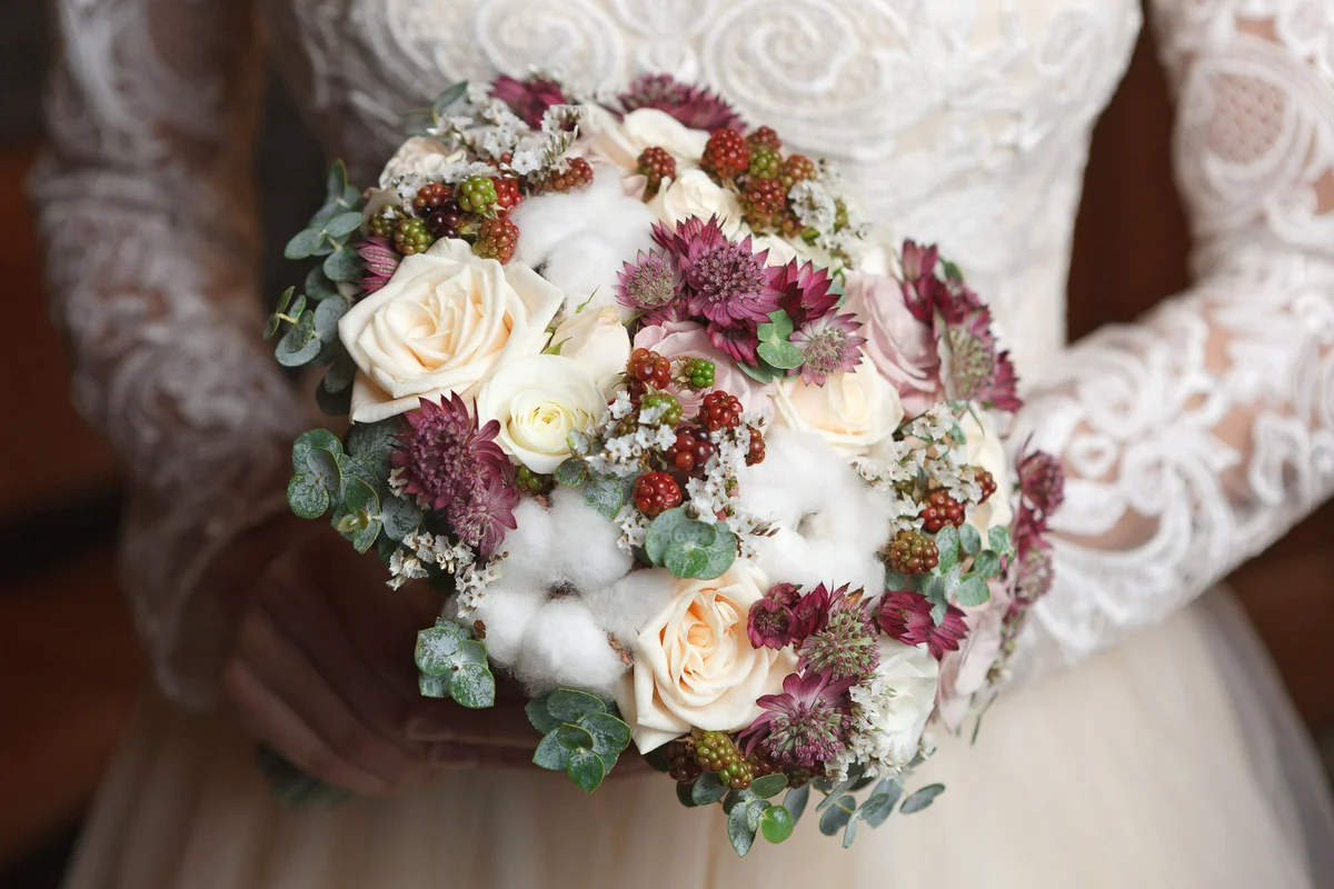winter wedding bouquet cotton blossom