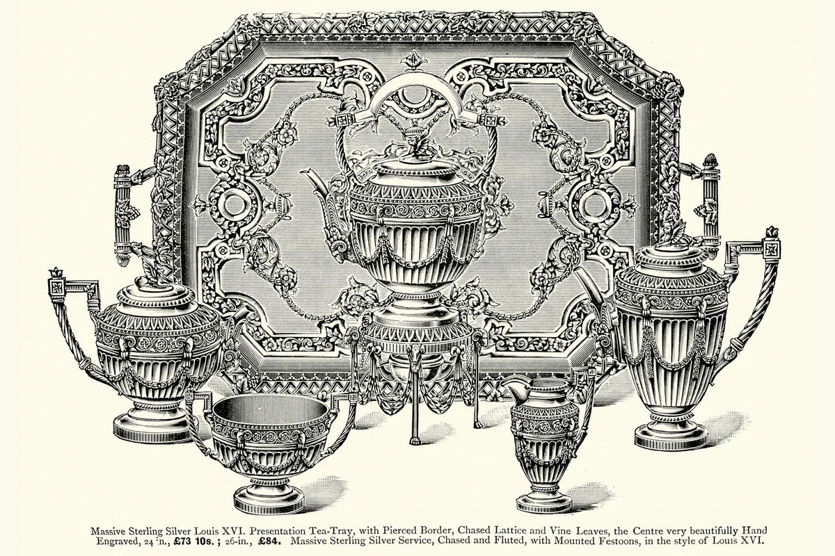 Vintage engraving of Silverware, Tea Trau, and Silver Tea Service, Chased and Fluted with Mounted Festoons in the style of Louis XVI, 1899