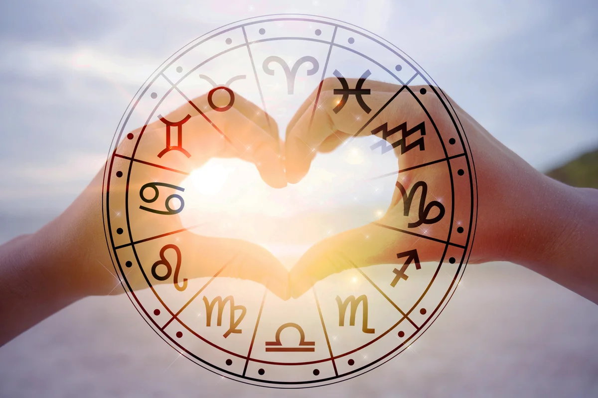 Heart shape with the sun light passing through the hands have astrological symbols