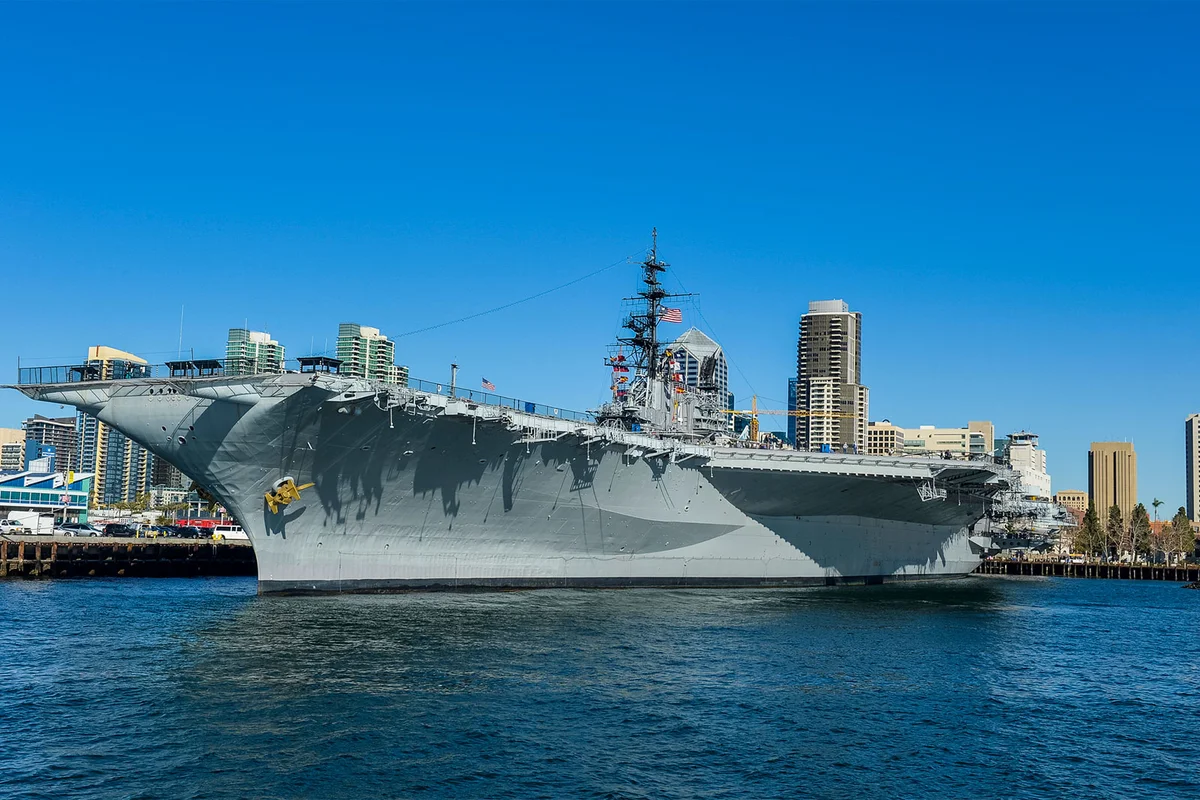 Skyline of San Diego with the USS Midway aircraft carrier