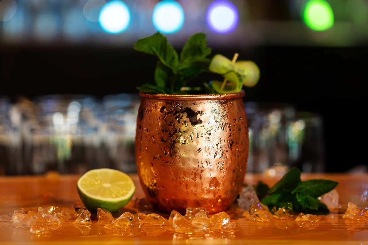 Moscow mule with whiskey served in a copper mug
