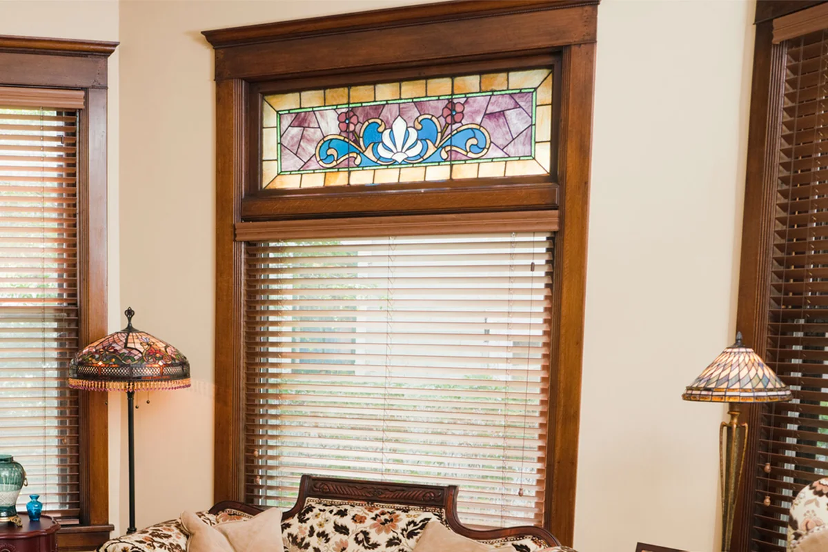 leaded glass transom window in home