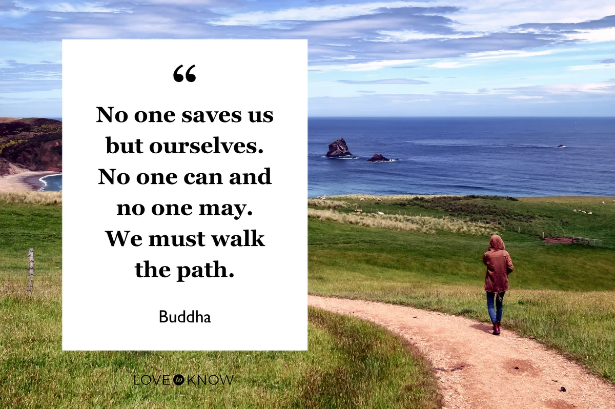 Girl walking alone on path leading towards peaceful nature scenery