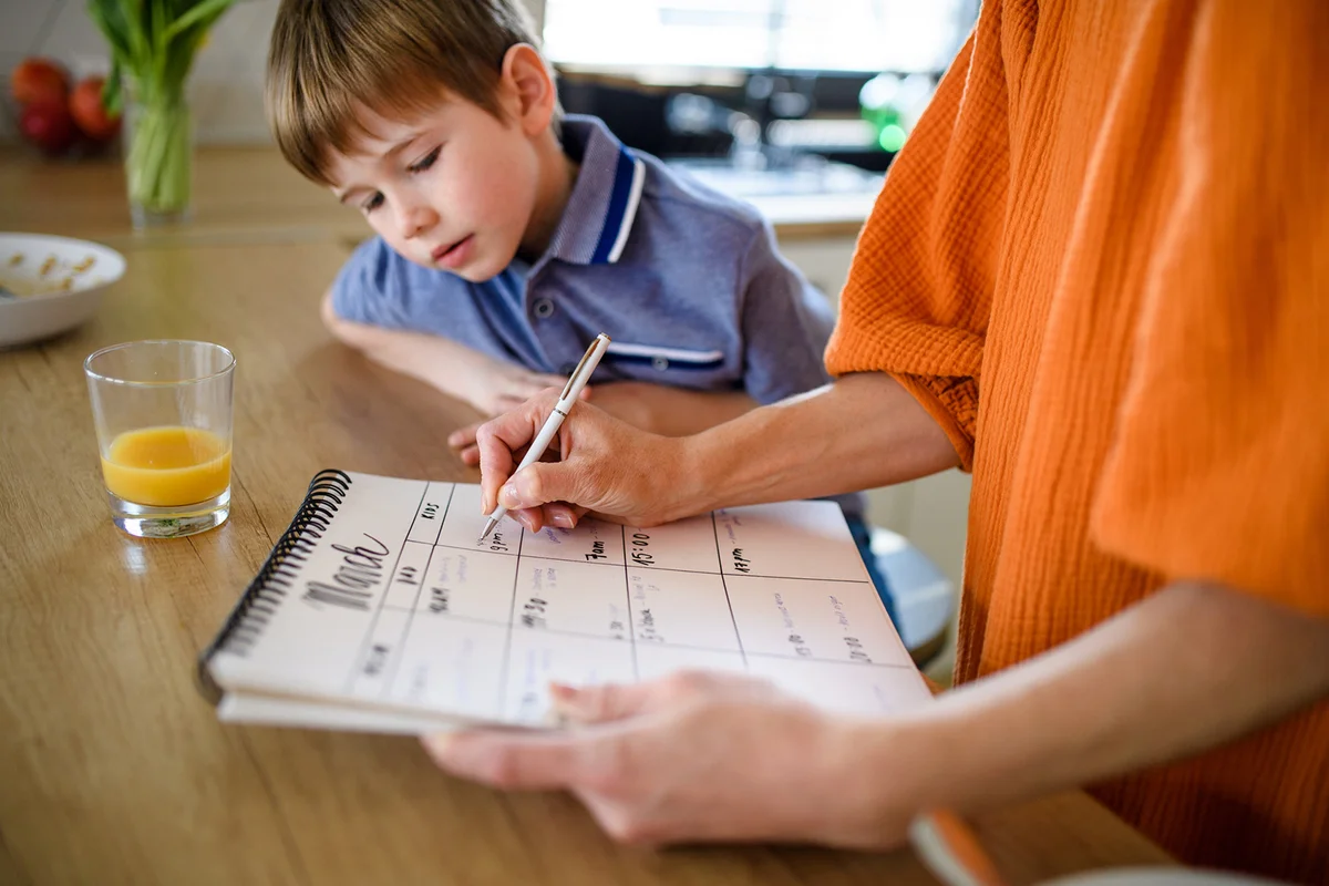 Mother with small son indoors in kitchen, planning