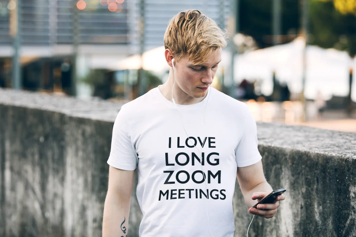 Guy with I Love Long Zoom Meetings t-shirt