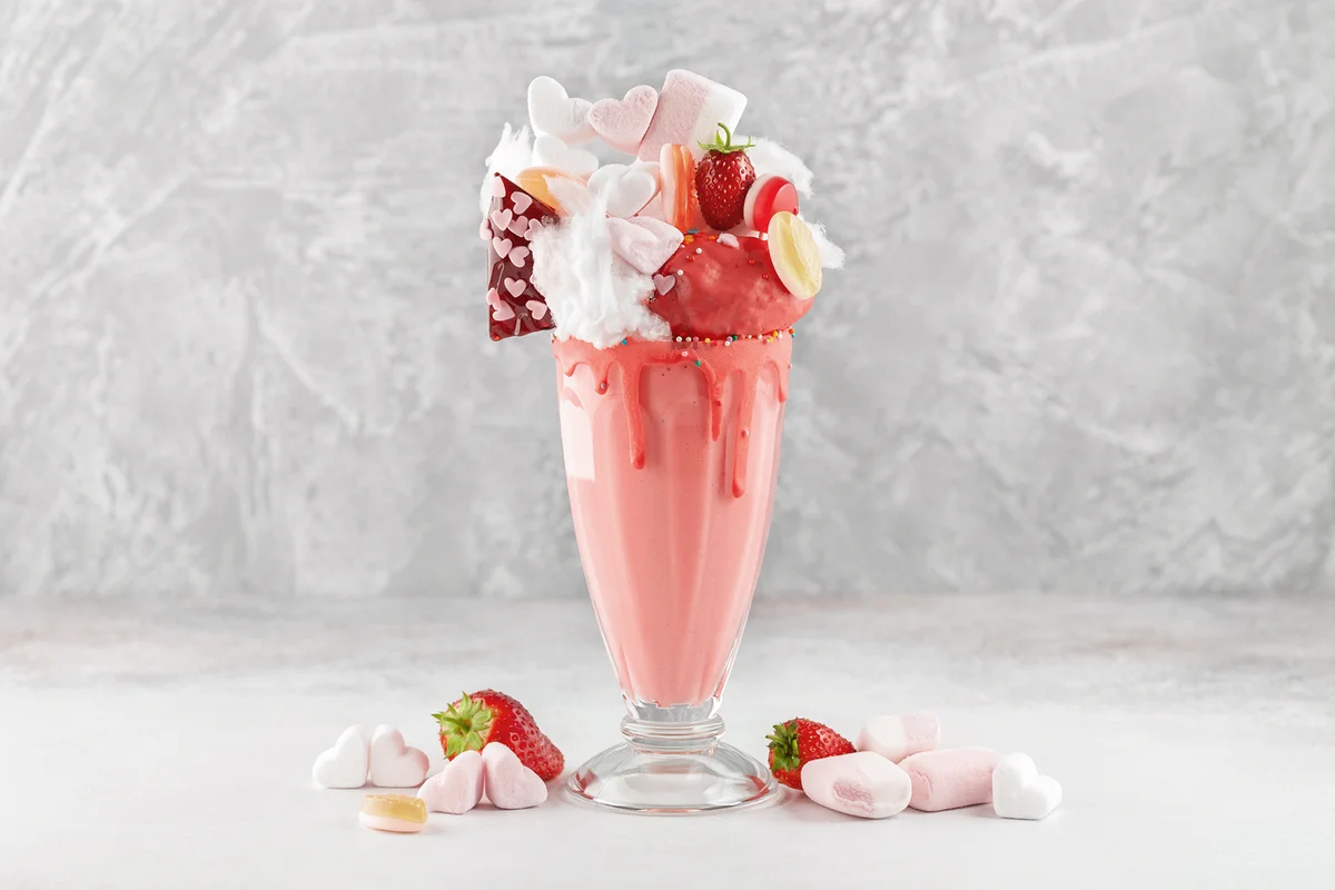 Pink strawberry monstershake with sweets on grey background