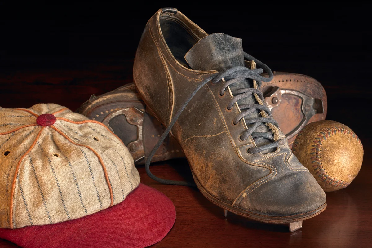 Antique baseball items on wood