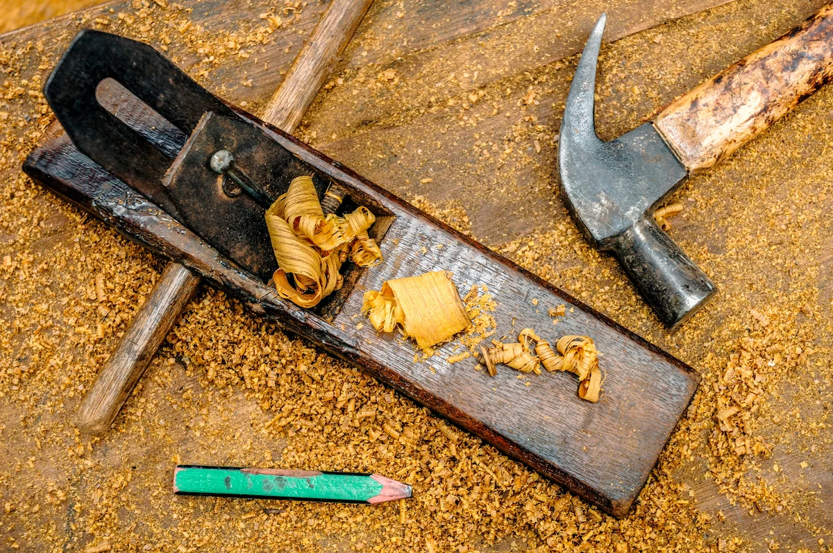 woodworking tools with wood plane