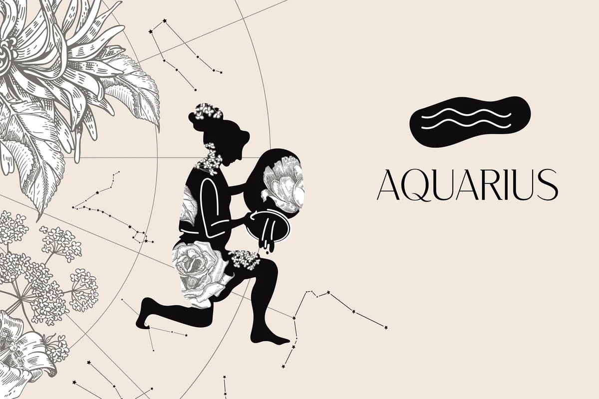 Zodiac sign Aquarius. Black silhouette with white flowers