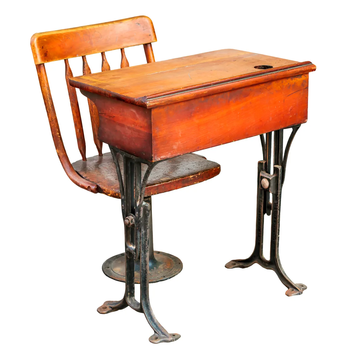 Ancient wooden with iron children school table and chair