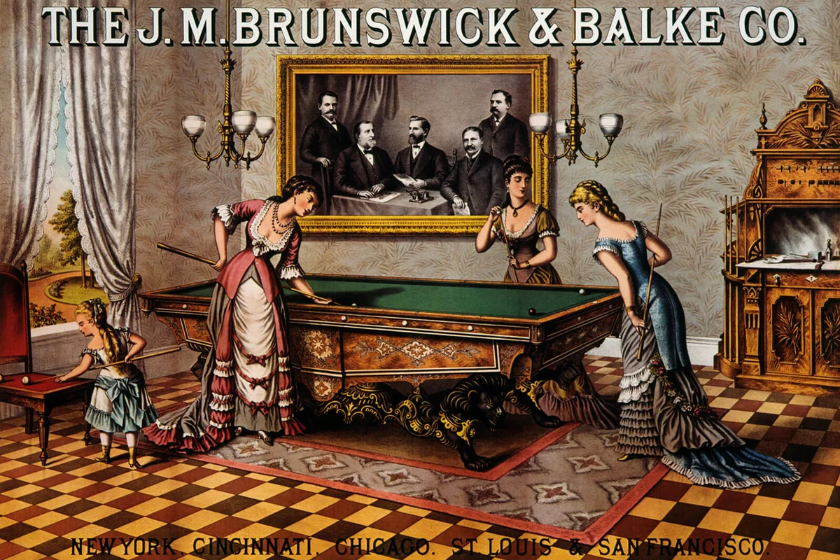 Advertisement for Billiard Tables Showing Women Playing, "The J. M. Brunswick & Balke Co.", 1885 | Getty Editorial Use