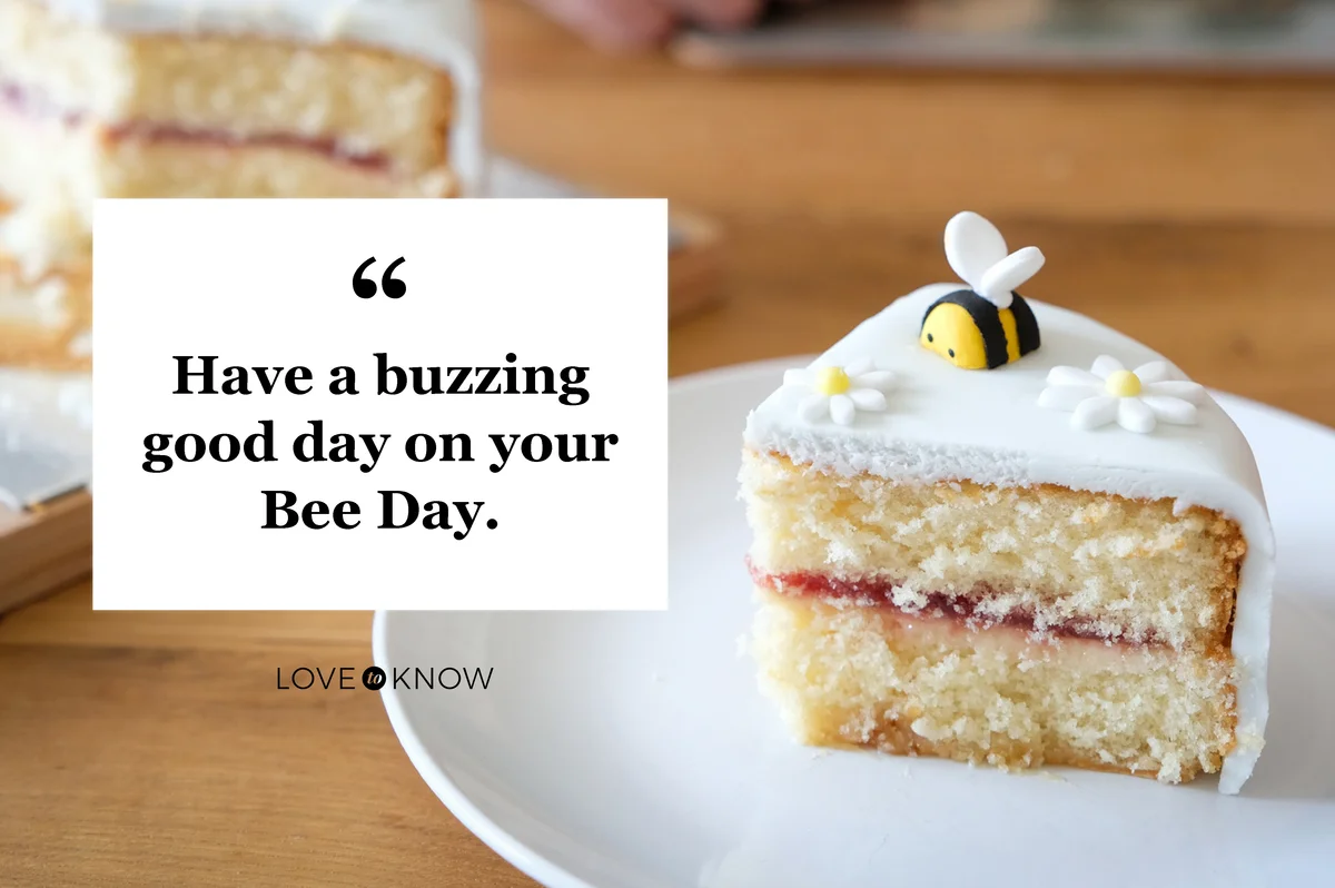 Slice of birthday cake with cute Bumblebee and daisy
