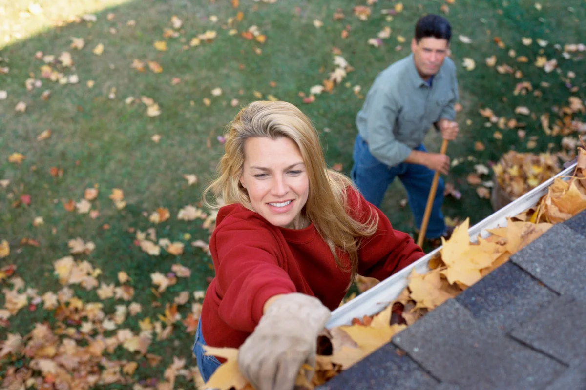 Couple Cleaning Leaves Outside Their House