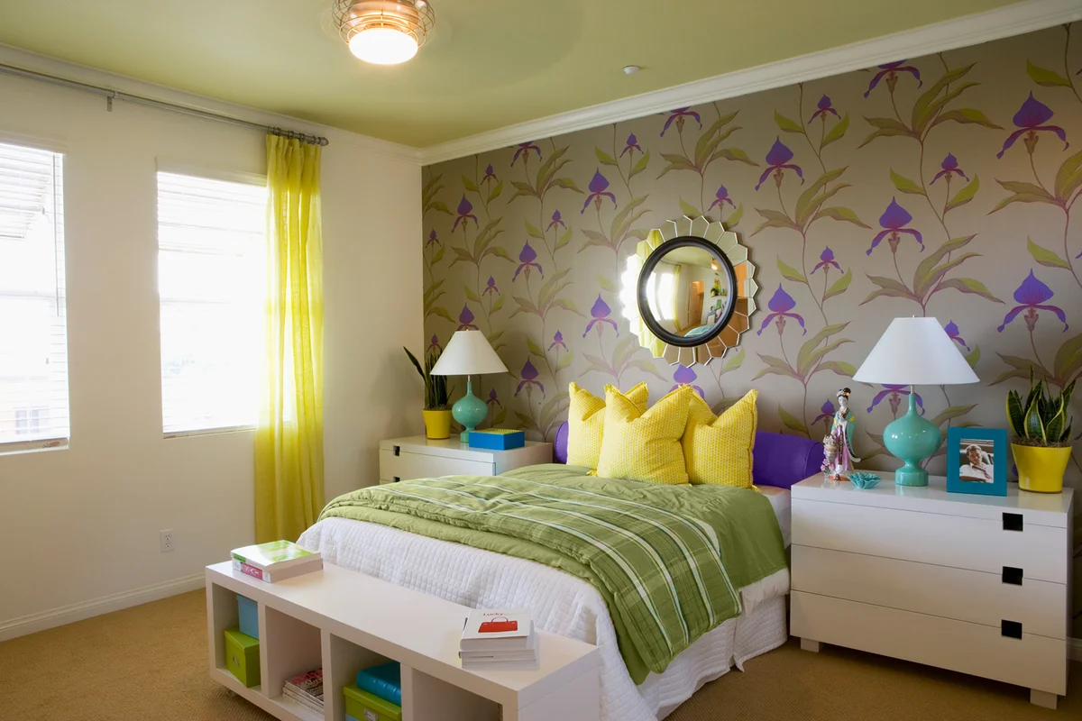 Colorful Fun Bedroom with Flowered Wallpaper