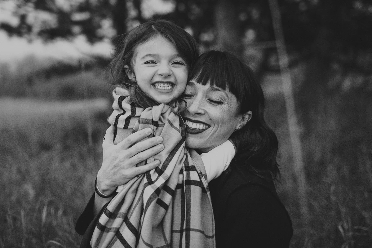 Mom and daughter black and white