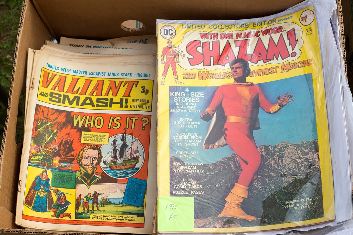 old comic magazines in box at car boot sale, Suffolk, England, UK | Getty Editorial Use
